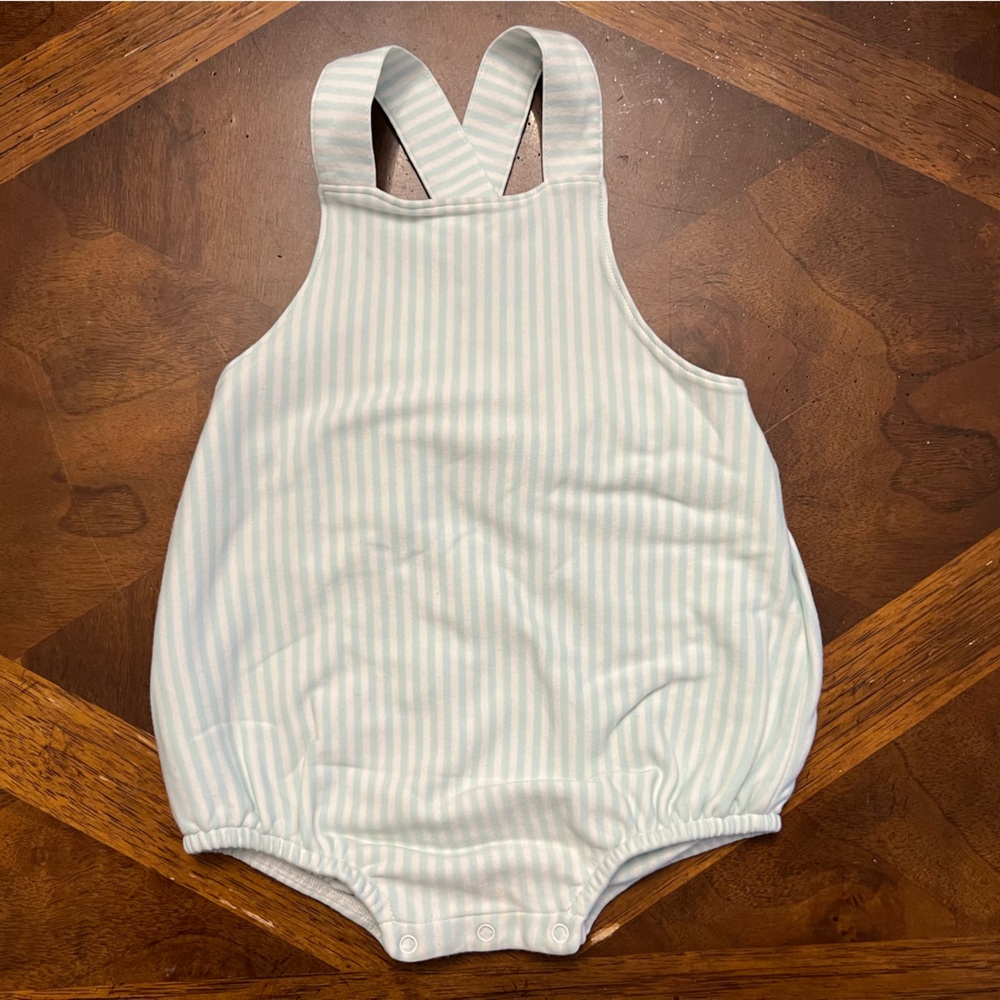 The Beaufort Bonnet Company Light Blue and White Striped Onesie